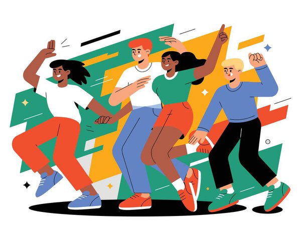 Young people dancing, energetic group, lively atmosphere, music enjoyment, diverse characters, happy friends, celebration party, dynamic movement
