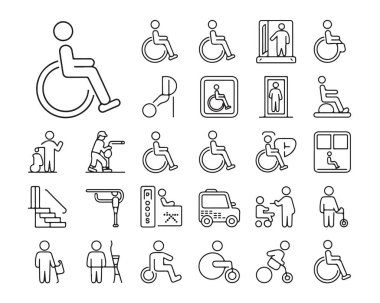 Engelli simgeleri. Erişim simgeleri ayarlandı. Tekerlekli sandalye kullanıcı simgeleri. Taşıma simgeleri.