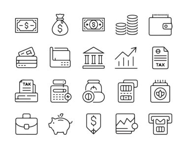 Finans ve para çizgisi simgeleri. Bankacılık yatırım servet koleksiyonu. Finansal elementler vektörü.