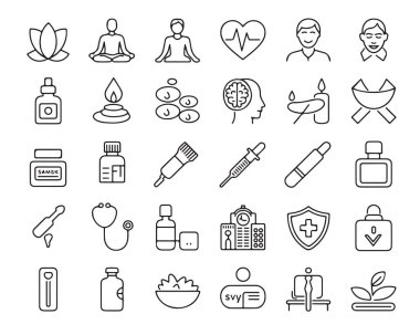 Yoga meditasyonu için çizgi simgeleri kalp atışı beyin aromaterapisi ve tıbbi tedavi sembolleri