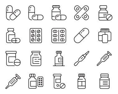 İlaç ve eczane koleksiyonu. Tıbbi uyuşturucu çizgisi ikonları. Hastalık sembolleri için tedavi.