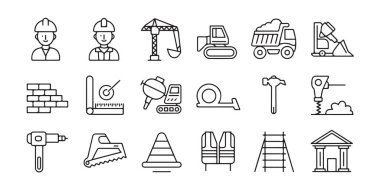 İnşaat simgeleri: işçi, vinç, kazıcı, çöp kamyonu, kaya matkabı, güvenlik konisi, yelek, merdiven, bina altyapısını temsil eden