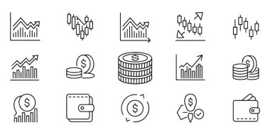 Hisse tabloları, şamdanlar, grafikler, para birimi sembolleri ve cüzdanlar gibi mali simgeler.