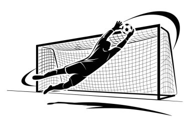 Futbol kalecisi topu zıplama siluetinde yakalıyor. Spor yapan profesyonel bir atlet. Hedef eylemi.