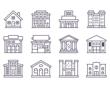 Taslak oluşturma simgeleri. Mimari yapılar. Şehir hayatı gayrimenkul kavramları. Koyu mor renk.