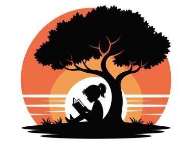 Ağacın altında kitap okuyan kız. Günbatımı arka planı. Yatay çizgili huzurlu bir gece sahnesi. Yalnızlık ve bilgi vektörü çizimi.