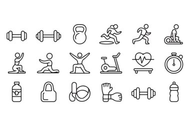 Active lifestyle, physical health, and exercise equipment icons. Fitness, workout, and sports outline symbols.
