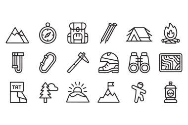 Kamp ve açık hava eğlence hattı simgeleri koleksiyonu