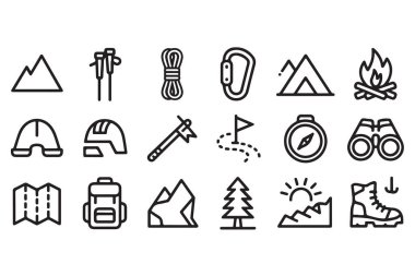 Kamp yürüyüşü dağcılığı ve açık hava aktivite sembolleri için taslak simgelerinin toplanması