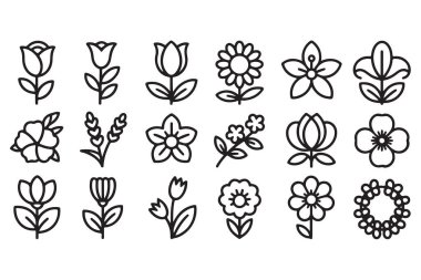 Çiçek hattı simgeleri koleksiyonu çeşitli çiçek türleri ve çiçek tasarımları içerir