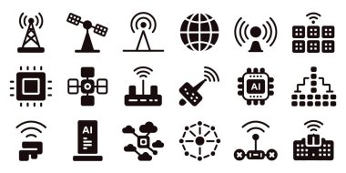 Ağ teknolojisi simgeleri; telekomünikasyon, uydu ve bilgisayar ögeleri
