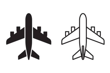 Hava taşımacılığı ve uçuş seyrüsefer elementlerini temsil eden bir adet siyah siluet ve basit bir çizim içeren iki uçak sembolü..