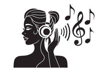 Kulaklıkla sesi dinleyen kadının yan görüntüsü. Ses konsepti için melodi, keyif ve ses dalgası iletimini gösteren müzikal sembollü mutlu ifade.