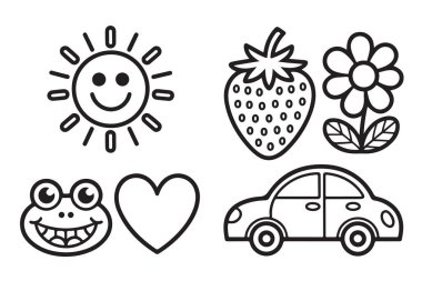 Gülümseyen çocuklar için basit çizgi sanat grafikleri. Çilekli, çiçekli, kurbağa kalpli araba.