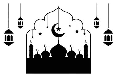 Ramazan Kareem camii silueti grafiği. İslami asma fenerleri. Bayram mübarek kemer çerçeve tasarımı. Müslüman dini tebrik kartı şablonu. Şenlikli yıldızlı gece ufuk çizgisi çizimi.