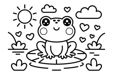 Su yüzeyinde dinlenen küçük kurbağa çizimleri güneş bulutları gibi elementler kitapları boyayan çocuklar için kalpler ve su bitkileri.