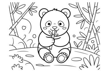 Siyah ve beyaz panda boyama kitabı illüstrasyonu bambu ormanı arka planında çocuklar için basit ana hatlar aktivite sayfası doğa sahnesi bebekler için ayı yiyen yaratıcı hobi