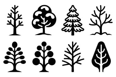 Çeşitli şekil ve stillerde siyah ağaç siluetleri koleksiyonu. Yapraksız dallar ve meşe, çam ve stilize tasarımlar da dahil olmak üzere tam yapraklı yapraklarla farklı mevsimleri temsil eder..