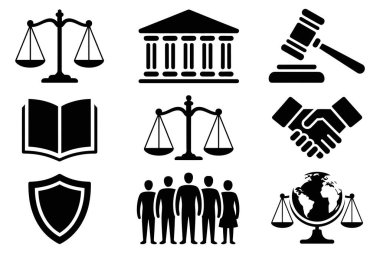 Hakim çekiç kitaplarının da aralarında bulunduğu hukuk ve otorite sembollerinin toplanması adliye binası binasını dengeledi ve avukat firması ve hükümet hizmetleri tasarımı için birlik simgeleri oluşturuldu