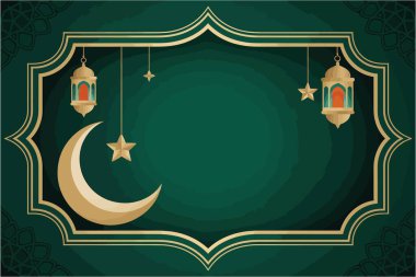 Altın sınırıyla çerçevelenmiş dekoratif yeşil zemin tatiller için mükemmel. Altın fenerler, hilal ve parıldayan yıldızlar asılı. Zarif manevi şablon tasarımı.