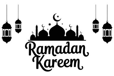 Hilal ay ve yıldızlı mescit mimarisi ve bayram afişi ve mevsimsel poster için tepesinden sarkan dekoratif Arap lambaları içeren zarif bir tipografi.