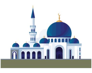 Beyaz duvarları, mavi kubbeleri ve minareleri olan zarif bir İslami cami tasarımı. Geleneksel dini mimari, kültürel yapı, ibadet yeri, İslam mirası ve toplum merkezi..