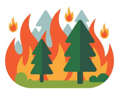 Yeşil kozalaklı ve parlak turuncu alevlerle yanan orman manzarası. Ekolojik felaket kavramı ateş altında orman ve tehlike ve koruma işareti için küçük alev simgelerini gösteriyor.