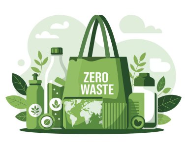 Plastik tüketimi ve sürdürülebilirliği azaltma kararlılığını gösteren dünya haritası olan kumaş alışveriş torbası ve yeniden kullanılabilir kaplar ve yeşillik içeren çevre dostu set.