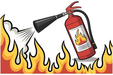 Alevler ve duman arasında su veya köpük püskürten yangın söndürücünün bir tasviri. Yangın güvenliği, acil durum müdahalesi ve korunma sembolü. Güvenlik farkındalığı için dinamik ve etkili grafik, şeffaf arkaplanda izole edilmiş.