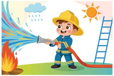 Küçük itfaiyeci çocuk su hortumuyla yangını söndürüyor. İtfaiyeci üniforması ve sarı kasklı şirin çocuk. Kahramancılık, cesaret ve güvenliği oynayan çocuğun çizgi film çizimi. İtfaiye kavramı.