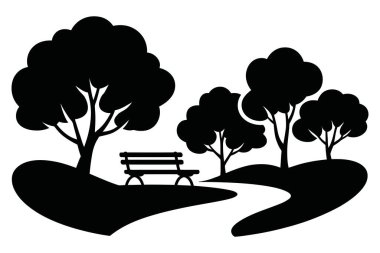 Ağaçlı bir park alanı ve yol vektör silueti. Doğa rahatlama manzarası. Açık hava eğlence illüstrasyonu. Huzurlu doğal ortam. Yeşil uzay sembolü. Şehir bahçesi manzarası.