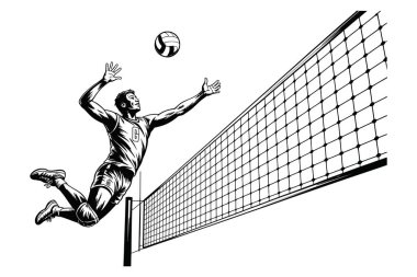 Gri tonlu dramatik bir illüstrasyon voleybol oyuncusunu net üzerinden atlamak için yakalıyor, yoğunluk ve beceri aktarıyor. Spor tasarımı için mükemmel.