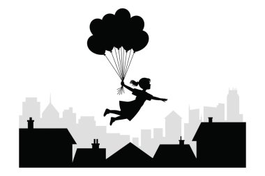 Şehrin ufuk çizgisinde balonlarla süzülen bir kızın silueti hayal gücü, özgürlük ve hayalleri simgeliyor. Çocuk temaları veya hevesli tasarımlar için ideal.