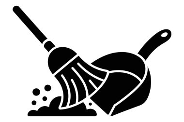 Süpürge toprağı faraş gibi süpürüyor. Oda servisi, temizlik malzemeleri. Ev işleri işte. Kat bakımı. Toparlanın. Hijyenik rutin. Basit düz stil simgesi. Vektör illüstrasyonu.