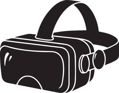 Modern sanal gerçekliğin yan profil silueti VR kulaklığı. Stereoskopik dijital daldırma için çift lensler ve güvenli montaj için kafa kayışı.