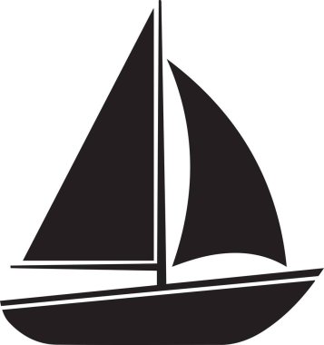 Gövde ve farklı üçgen yelkenli içeren basit siyah ana hat vektör ikonu eğlence amaçlı tekne su sporunu ve huzurlu deniz seyahati çizimini sembolize ediyor.