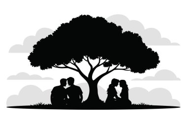 Birbirine aşık çiftler ağacın altında oturur, doğada samimi anlar, açık havada romantik sahneler. Barışçıl bir ortamda çıkmak ve kaynaşmak. Aşk ve arkadaşlık, bulutlu huzurlu manzara, mutluluk..