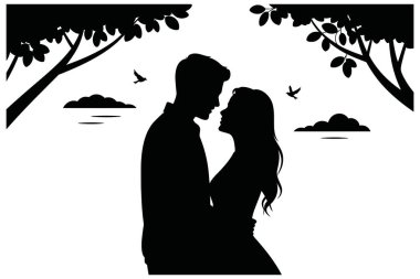 Uçan kuşlar ve bulutlarla dolu yapraklı dalların altında doğada romantik bir çift. Güzel bir aşk hikayesi çizimi. Açık gün batımı arkaplan vektör grafik sanatı.