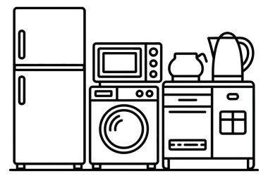 Buzdolabı, mikrodalga fırın, çamaşır makinesi, çaydanlık ve fırın da dahil olmak üzere mutfak gereçleri. Mutfak temaları için basit vektör çizimi. Yerli ekipman koleksiyonu.