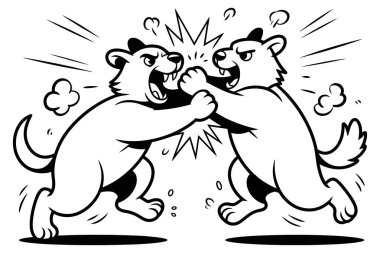 Hareketli çizgi film tarzında kavga eden iki kızgın hayvan çatışmayı temsil eden dumanlar tüttürüyor. Saldırgan canavarlar dövüşte güreşiyor. Komik çizgi roman savaş vektörü çizimi.