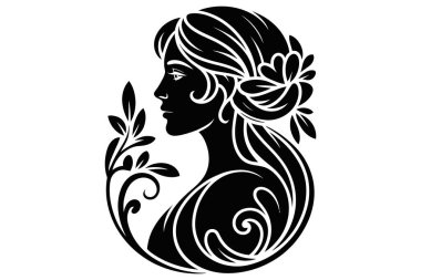 Dekoratif çiçek unsurları ve saç süslemeleriyle birlikte sanat eseri yeni kadın silueti. Klasik süs çizimi. Tasarım için zarif ve klasik bir portre. Klasik güzellik profili.