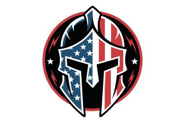 Amerikan bayrağı renginde Spartalı miğfer logosu kırmızı ve beyaz yıldızlar. Şiddetli tasarımla vatanseverlik sembolü, gücü ve ulusal gururu simgeliyor..