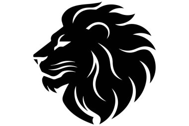 Güçlü aslan baş silueti sol tarafa bakıyor. Kalın yeleli büyük sembol gücü ve beyaz arka plan sanatı üzerine izole tasarım projeleri için kraliyet ailesi.