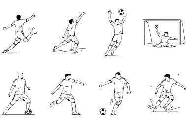 Beyazların arka planında izole edilmiş spor hareketlerini gösteren sekiz adet siyah-beyaz skeç var.