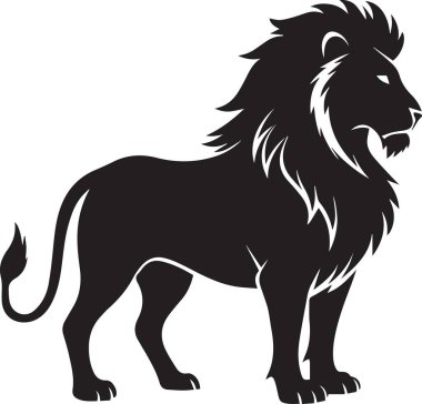 Güçlü erkek aslan silueti gururla yelesini gösteriyor. Güçlü markalaşma ya da resimleme için büyük kedi vektör amblemi izole edildi.