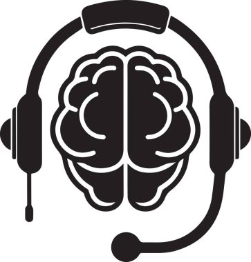 Beyin ikonu konseptini çevreleyen kulaklıklı mikrofon bilişsel işleme bilgi aktarım iletişim stratejisini veya yapay zeka düşünme sürecini grafik olarak temsil eder.
