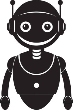Robot desteği ve modern teknoloji markalaşması için uygun basit siyah siluet karakter tasarımı yoluyla yapay zekayı ve otomasyonu temsil eden dost canlısı robot maskot ikonu