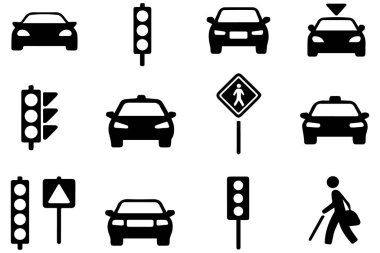 Farklı araba içeren vektör simgelerinin toplanması trafik işaretlerini şekillendirir, yaya geçidi işaretleri ve yol güvenliği grafikleri ve seyahat görselleri için temel öğeler