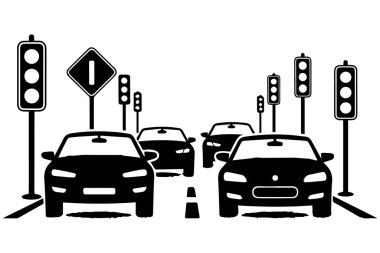 İleriye bakan birden fazla aracın olduğu trafik sıkışıklığı sahnesi trafik işaretlerini değiştiriyor. Büyük yol işaretleri yoğun sokak düzenlemelerini gösteriyor ve bekliyor.