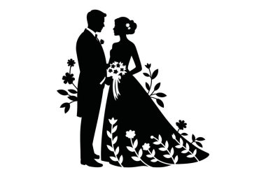 Gelin ve damat, düğün yıldönümü ve romantik parti teması projeleri için çiçeklerle çevrili buketi ellerinde tutuyorlar. Sofistike siyah beyaz klip sanat projeleri.